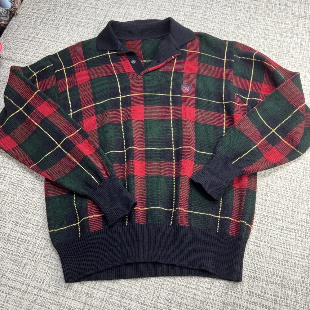 Vintage POLO RALPH LAUREN Scottish Red Tartan Plaid Heritage'Sweater Shield Logo
